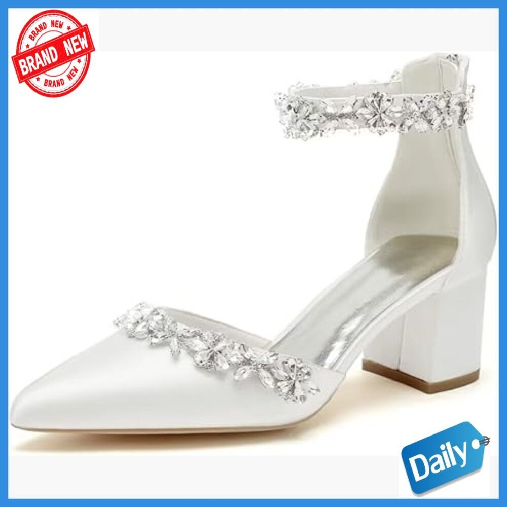 Satin Rhinestone Block Heel Pumps Wedding Bridal Shoes Size 6-10